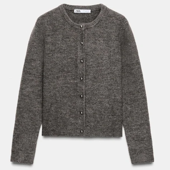 Zara Cardigan Metallic Buttons Grey Brown Size Small - Picture 1 of 8